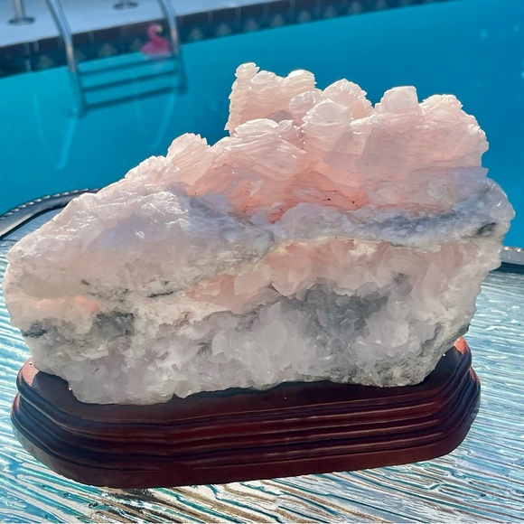 Mangano Calcite Large Pink Calcite Cluster w/ Wood Base Pink Calcite Home Decor - Picture 12 of 17